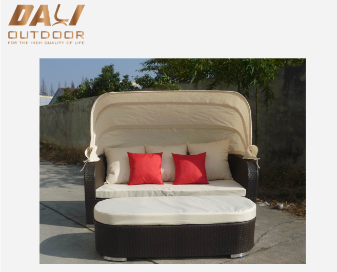 loisirs de plein air poly rotin lit de bronzage meubles patio rond chaise longue avec repose-pieds