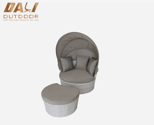 loisirs de plein air poly rotin lit de bronzage meubles patio rond chaise longue avec repose-pieds
